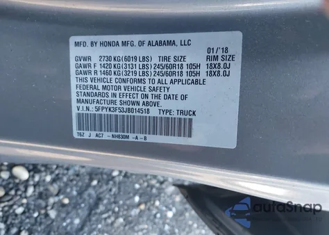 2018 Honda Ridgeline Rtl z USA, uszkodzony, nr VIN 5FPYK3F53JB014518